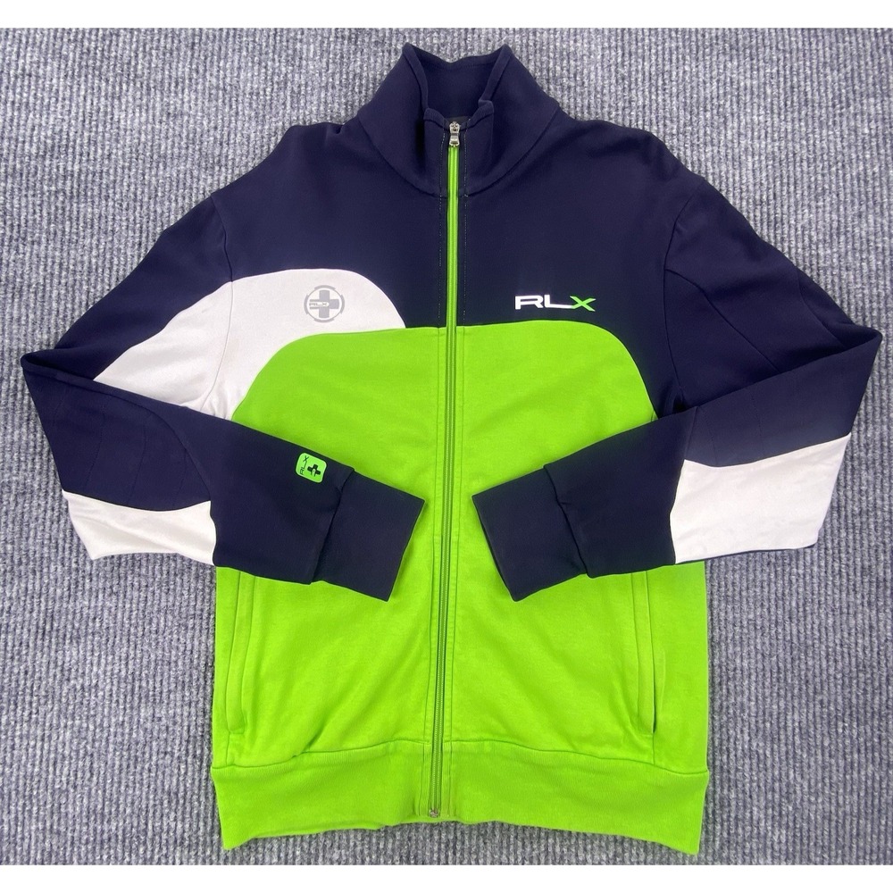 RLX Ralph Lauren Track Jacket Mens Med Navy Lime Green Full Zip Sporty Gorpcore